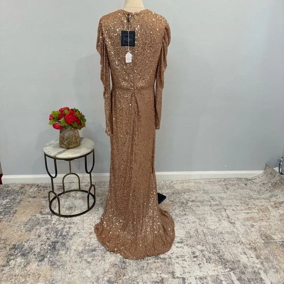 Mac Duggal Sequin High Neck Juliet Puff Long SleeveTrumpet Column Gown Copper
